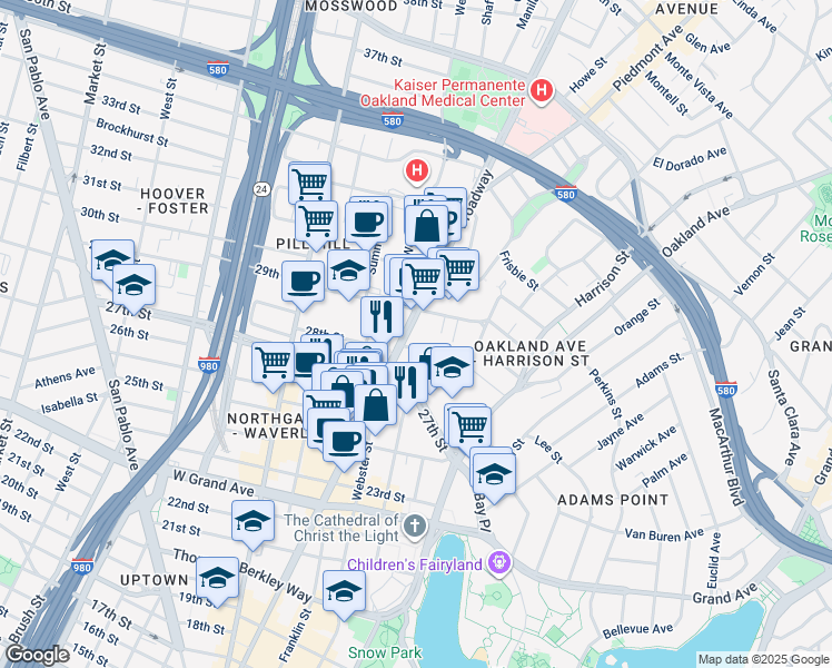 map of restaurants, bars, coffee shops, grocery stores, and more near 2850 Broadway in Oakland