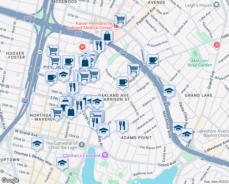 map of restaurants, bars, coffee shops, grocery stores, and more near in Oakland