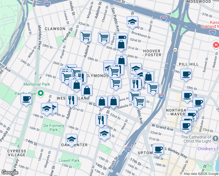 map of restaurants, bars, coffee shops, grocery stores, and more near 2424 Myrtle Street in Oakland