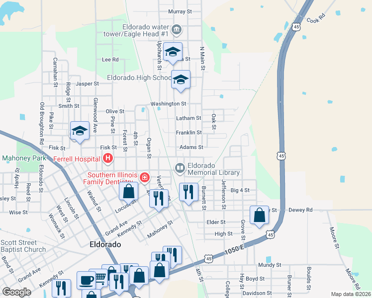 map of restaurants, bars, coffee shops, grocery stores, and more near 1024-1098 Benton Street in Eldorado