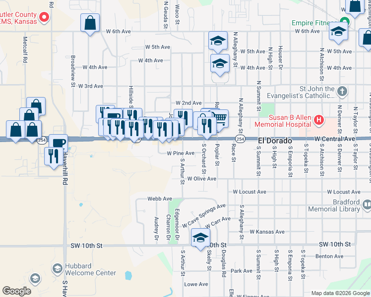 map of restaurants, bars, coffee shops, grocery stores, and more near 108 South Arthur Street in El Dorado
