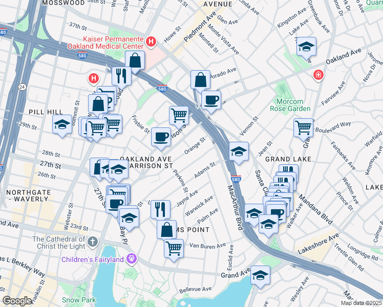map of restaurants, bars, coffee shops, grocery stores, and more near in Oakland