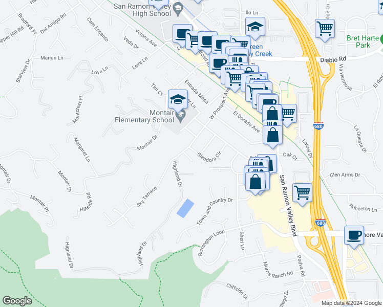 map of restaurants, bars, coffee shops, grocery stores, and more near 385 Glendora Circle in Danville