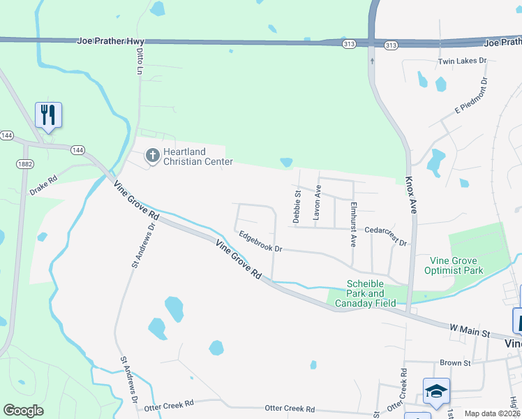 map of restaurants, bars, coffee shops, grocery stores, and more near 185 Creekvale Drive in Vine Grove