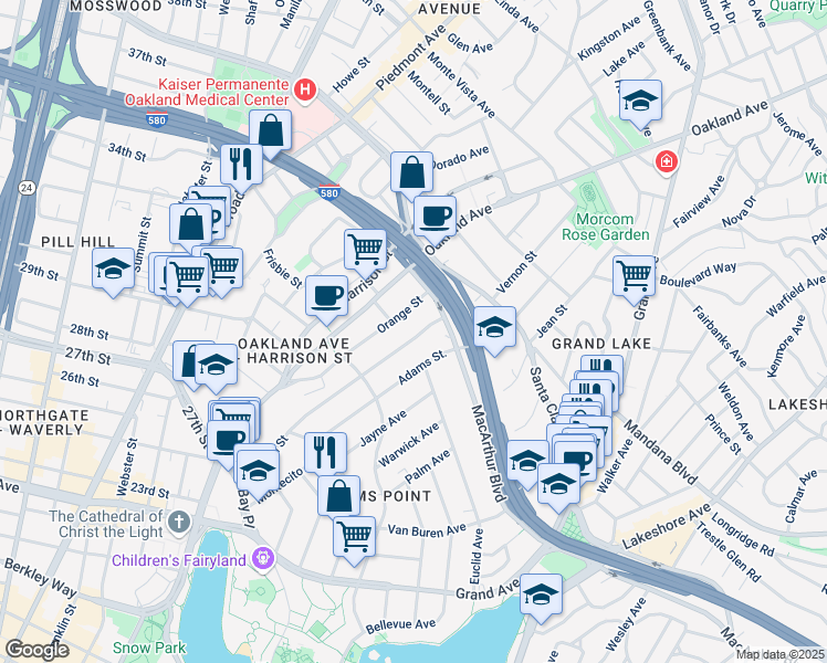 map of restaurants, bars, coffee shops, grocery stores, and more near in Oakland