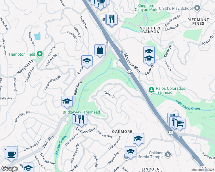 map of restaurants, bars, coffee shops, grocery stores, and more near 2341 Leimert Boulevard in Oakland