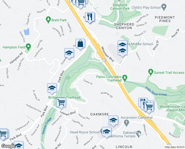 map of restaurants, bars, coffee shops, grocery stores, and more near 2373 Leimert Boulevard in Oakland