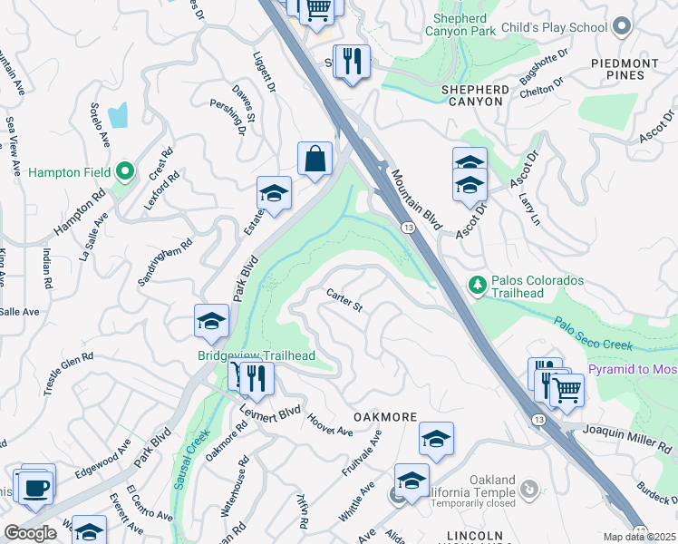 map of restaurants, bars, coffee shops, grocery stores, and more near 2341 Leimert Boulevard in Oakland