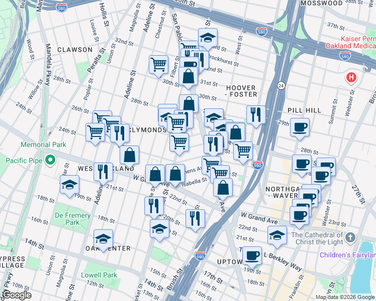 map of restaurants, bars, coffee shops, grocery stores, and more near 879 Milton Street in Oakland