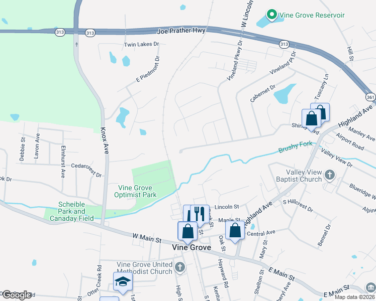 map of restaurants, bars, coffee shops, grocery stores, and more near 170 Shirley Boulevard in Vine Grove