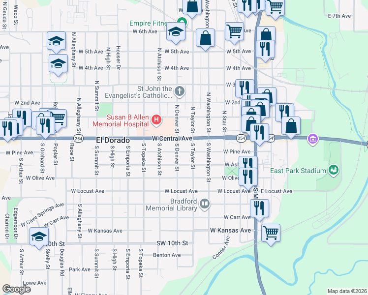 map of restaurants, bars, coffee shops, grocery stores, and more near 518 West Pine Avenue in El Dorado