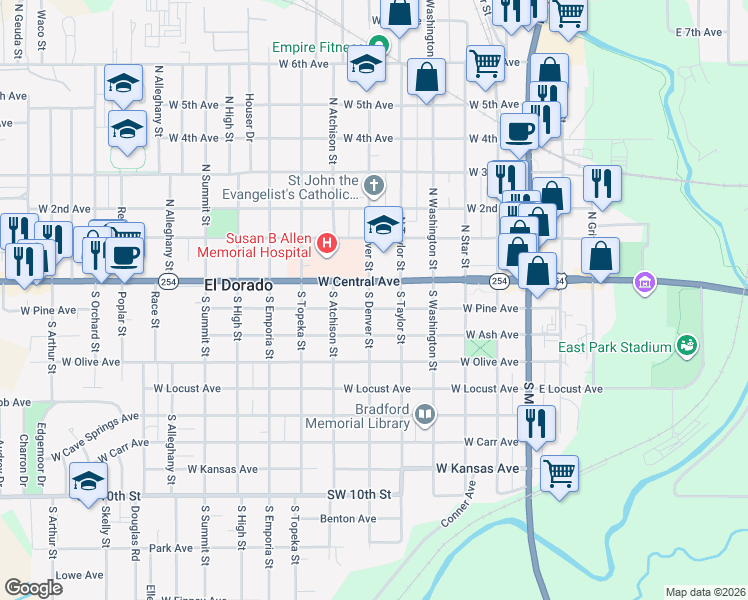 map of restaurants, bars, coffee shops, grocery stores, and more near 518 West Pine Avenue in El Dorado