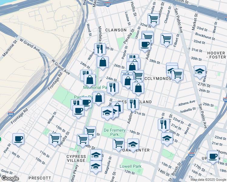 map of restaurants, bars, coffee shops, grocery stores, and more near 2249 Poplar Street in Oakland
