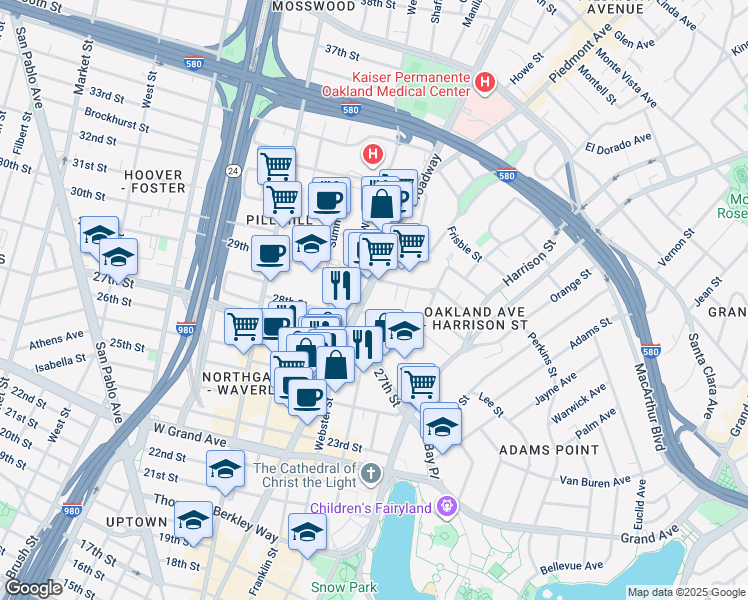 map of restaurants, bars, coffee shops, grocery stores, and more near 2820 Broadway in Oakland