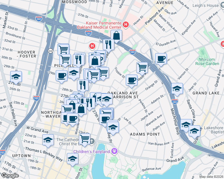 map of restaurants, bars, coffee shops, grocery stores, and more near 106 Fairmount Avenue in Oakland