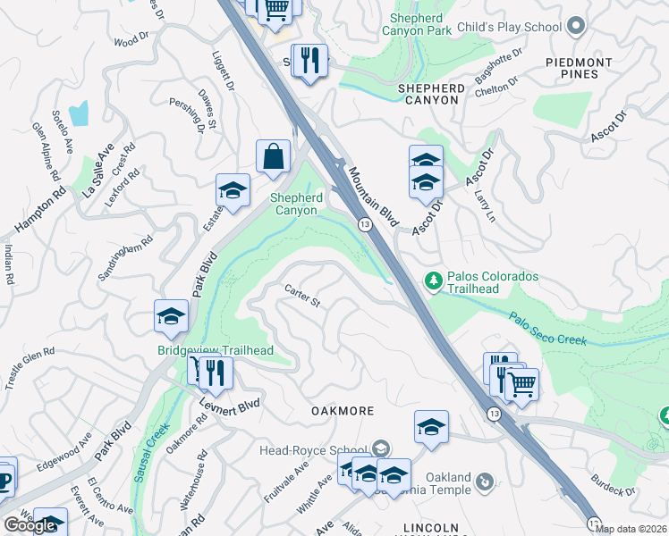 map of restaurants, bars, coffee shops, grocery stores, and more near 2370 Bywood Drive in Oakland