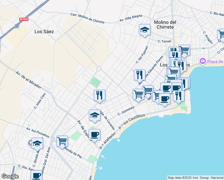map of restaurants, bars, coffee shops, grocery stores, and more near 1 Calle Islas Malvinas in San Javier