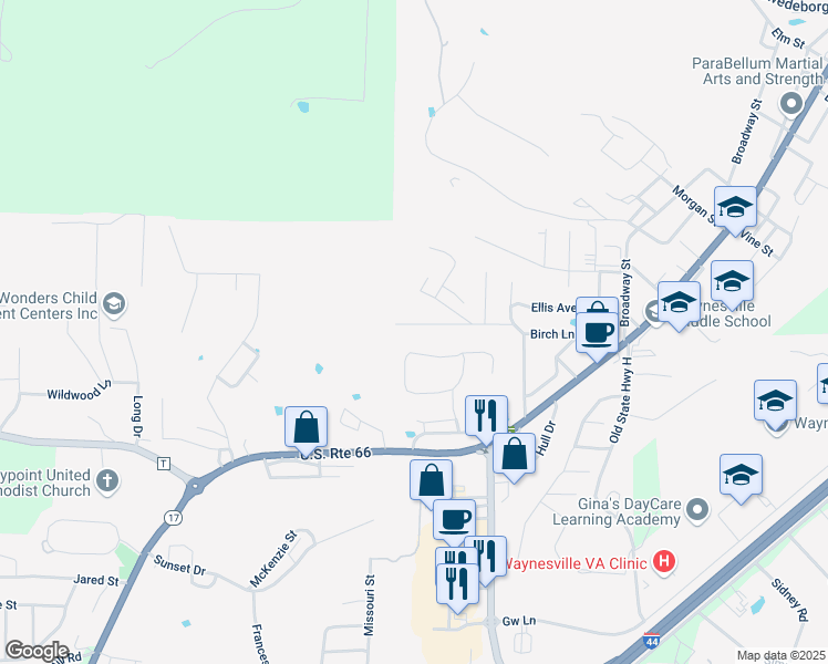 map of restaurants, bars, coffee shops, grocery stores, and more near 613 Royal Road in Waynesville