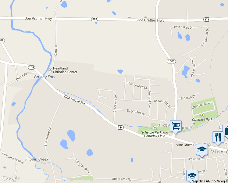 map of restaurants, bars, coffee shops, grocery stores, and more near 184 Creekvale Drive in Vine Grove