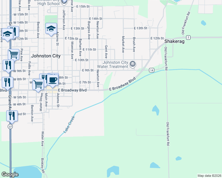 map of restaurants, bars, coffee shops, grocery stores, and more near Corinth Road in Johnston City