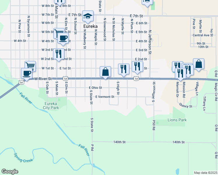 map of restaurants, bars, coffee shops, grocery stores, and more near 301 South Washington Street in Eureka