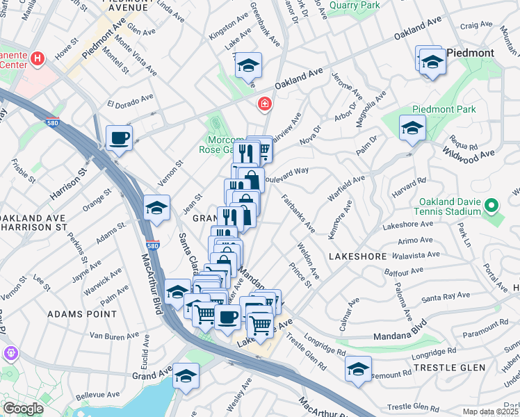 map of restaurants, bars, coffee shops, grocery stores, and more near 1026 Walker Avenue in Oakland
