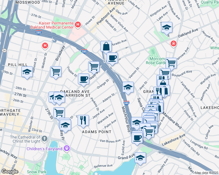 map of restaurants, bars, coffee shops, grocery stores, and more near 438 Vernon Street in Oakland
