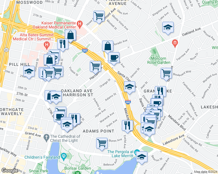 map of restaurants, bars, coffee shops, grocery stores, and more near in Oakland