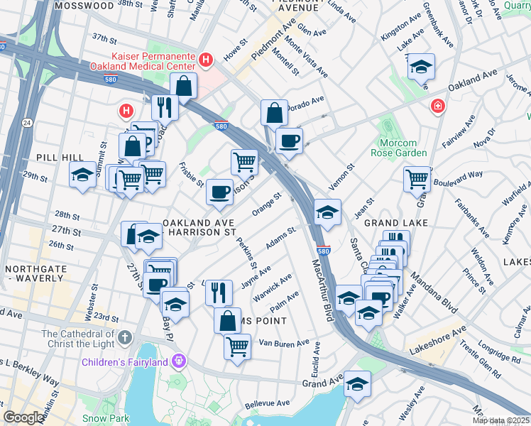 map of restaurants, bars, coffee shops, grocery stores, and more near in Oakland