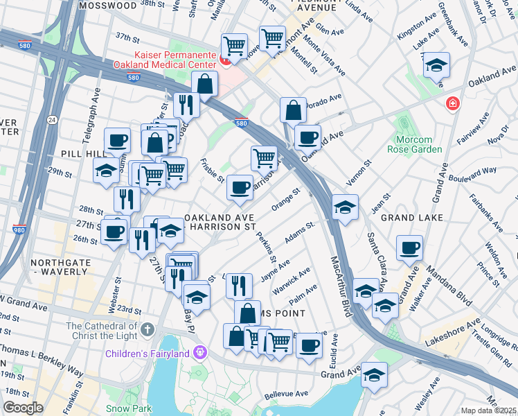 map of restaurants, bars, coffee shops, grocery stores, and more near 377 Orange Street in Oakland