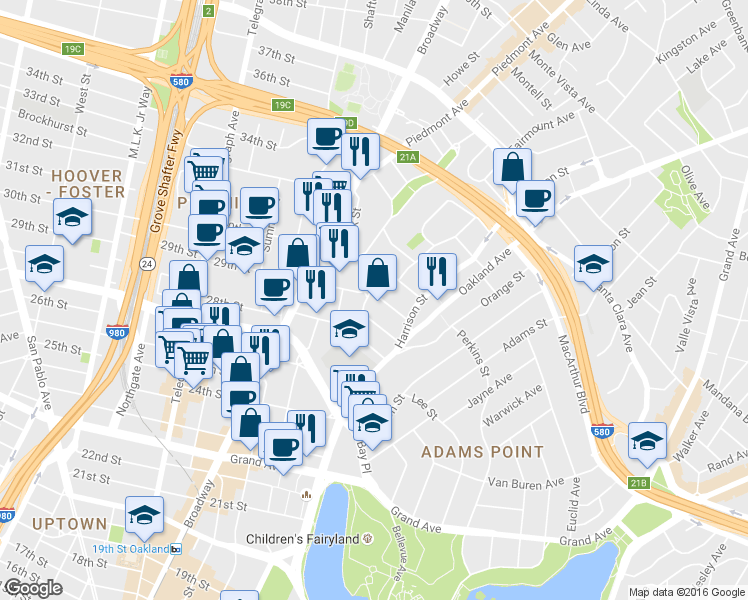map of restaurants, bars, coffee shops, grocery stores, and more near in Oakland
