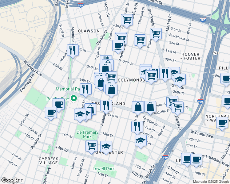 map of restaurants, bars, coffee shops, grocery stores, and more near in Oakland