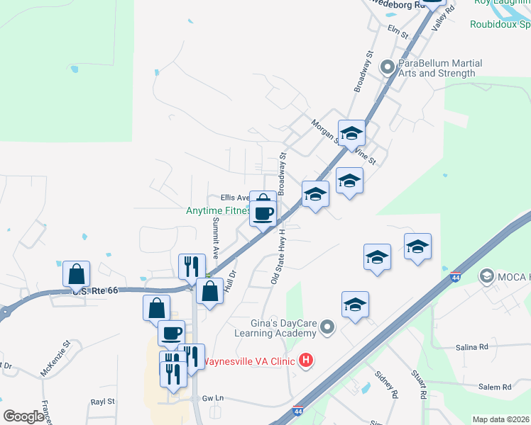 map of restaurants, bars, coffee shops, grocery stores, and more near 1101 Home Avenue in Waynesville