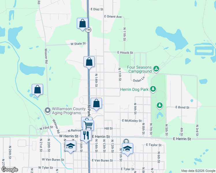 map of restaurants, bars, coffee shops, grocery stores, and more near 1412 North 13th Street in Herrin