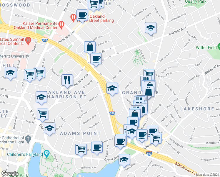 map of restaurants, bars, coffee shops, grocery stores, and more near 477 Chetwood Street in Oakland