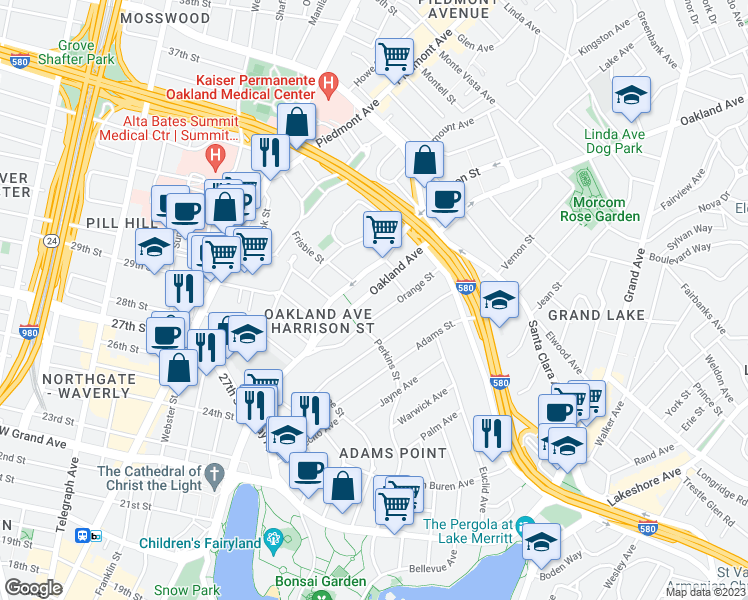 map of restaurants, bars, coffee shops, grocery stores, and more near 377 Orange Street in Oakland