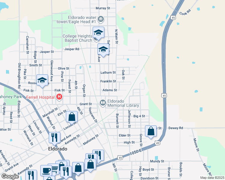 map of restaurants, bars, coffee shops, grocery stores, and more near Adams St in Eldorado