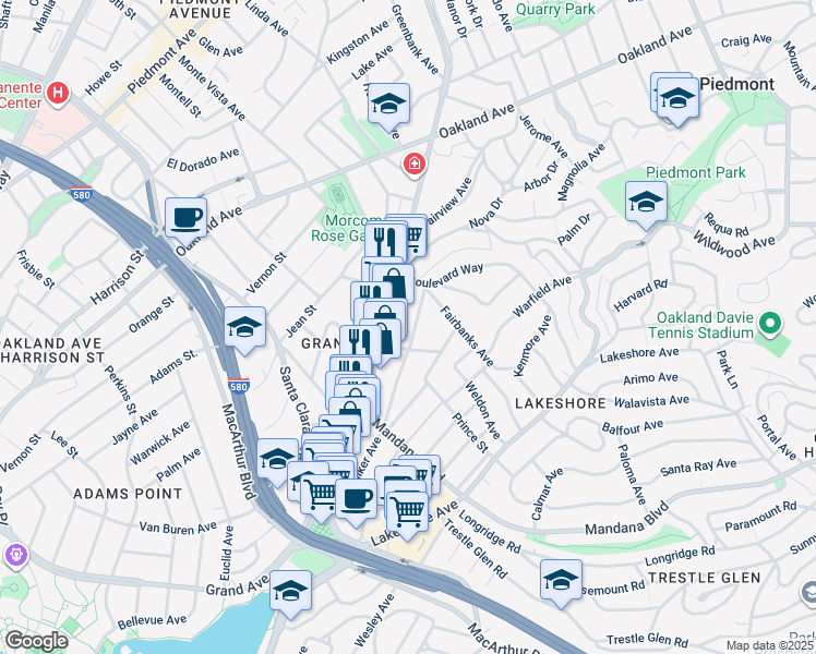 map of restaurants, bars, coffee shops, grocery stores, and more near 1033 Walker Avenue in Oakland