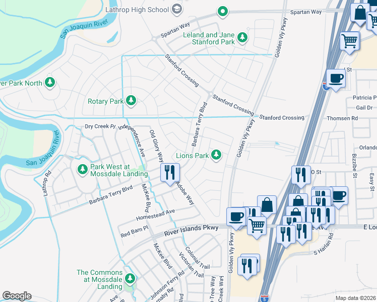 map of restaurants, bars, coffee shops, grocery stores, and more near 15954 Testarossa Street in Lathrop