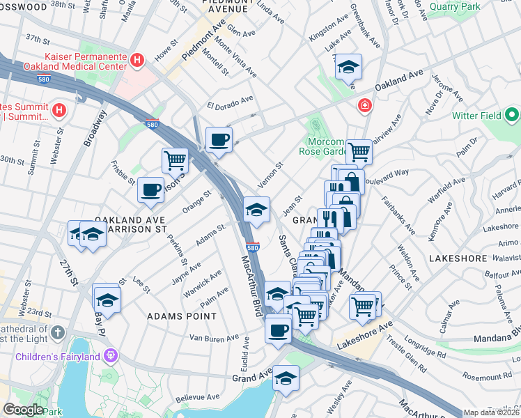 map of restaurants, bars, coffee shops, grocery stores, and more near 271 Santa Clara Avenue in Oakland