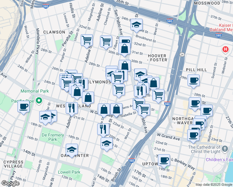 map of restaurants, bars, coffee shops, grocery stores, and more near 2505 Market Street in Oakland