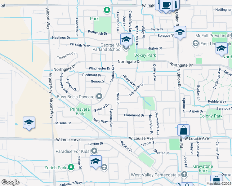 map of restaurants, bars, coffee shops, grocery stores, and more near 1355 Nana Place in Manteca