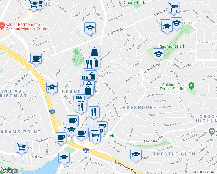 map of restaurants, bars, coffee shops, grocery stores, and more near Fairbanks Ave & Vermont St in Oakland