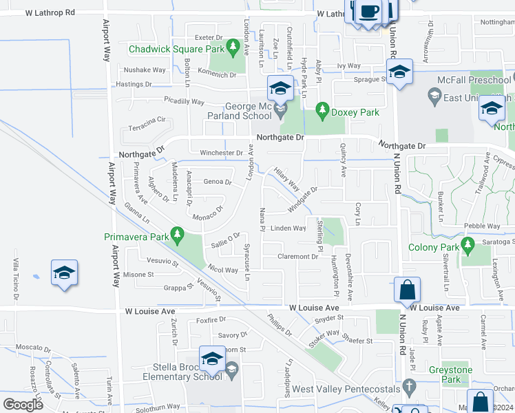 map of restaurants, bars, coffee shops, grocery stores, and more near 1355 Nana Place in Manteca