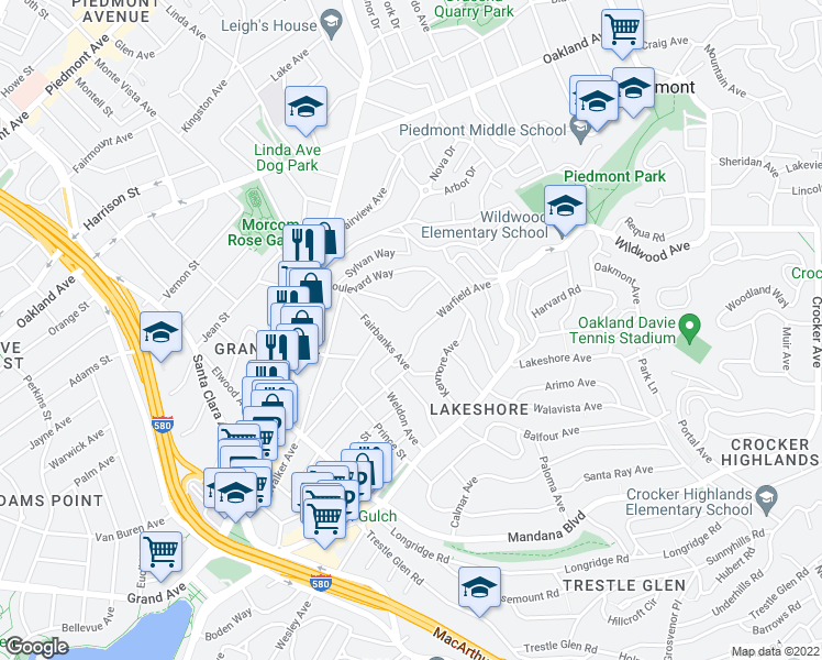 map of restaurants, bars, coffee shops, grocery stores, and more near 1015 Warfield Avenue in Oakland