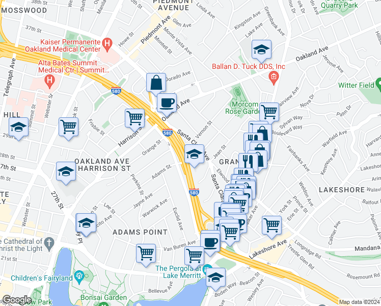 map of restaurants, bars, coffee shops, grocery stores, and more near 477 Chetwood Street in Oakland