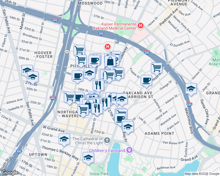 map of restaurants, bars, coffee shops, grocery stores, and more near 2819 Richmond Avenue in Oakland