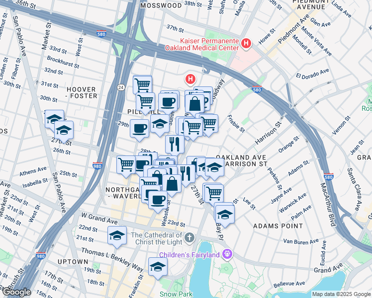 map of restaurants, bars, coffee shops, grocery stores, and more near 2850 Broadway in Oakland