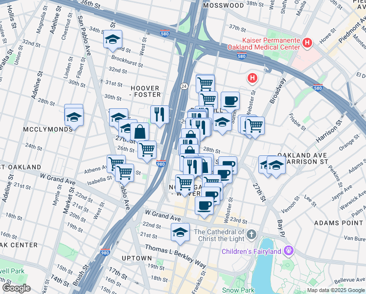 map of restaurants, bars, coffee shops, grocery stores, and more near 550 27th Street in Oakland