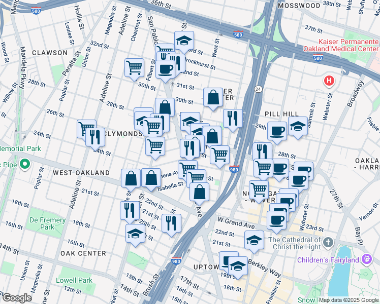 map of restaurants, bars, coffee shops, grocery stores, and more near 2 San Pablo Avenue in Oakland